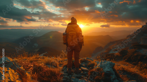 Adventurer Witnessing a Breathtaking Mountain Sunset © DjelicN