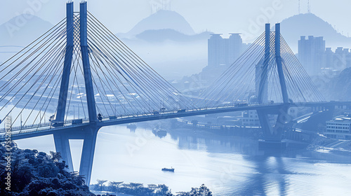 A large cablestayed bridge spans over a river with a small boat beneath it against a backdrop of misty hills and a cityscape photo