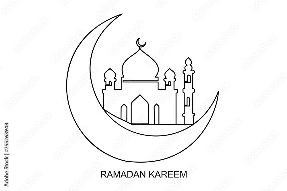 Naklejka premium Continuous one line drawing Ramadan kareem symbol. mosque line concept. Eid Mubarak, Eid Fitr vector minimalist design islamic mosque outline ornament background. mosque line concept 