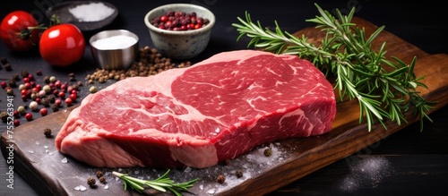 A piece of raw beef steak, a red meat animal product, is placed on a wooden cutting board along with vegetables and spices, ready to be used in a delicious cuisine recipe