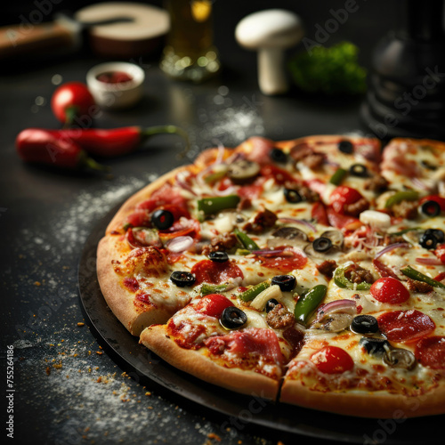 Meat, vegetable and cheese pizza on a black pan on dark surface..
