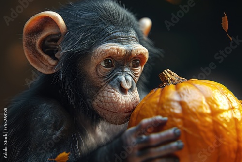 portrait of a monkey holding a pumpkin in it hand .