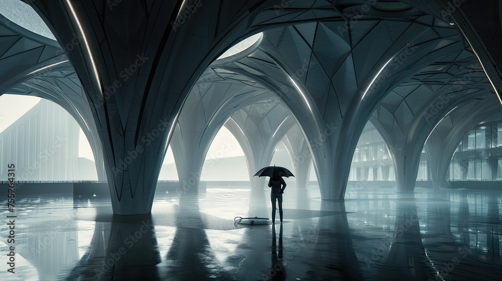 A solitary figure stands under an umbrella in a futuristic columned structure with reflective flooring and a misty ambiance