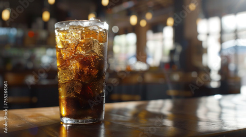 A glass of iced cola on a bar table, with a warm, blurred background of a cozy tavern