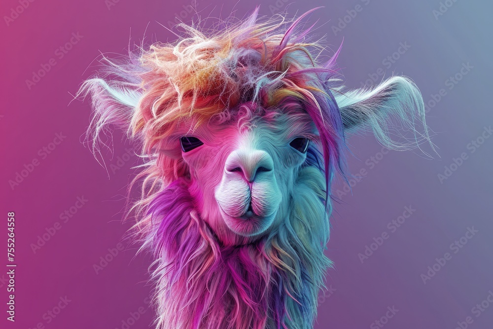 Colorful photograph of an isolated Alpaca with wild, messy, funny hair. 