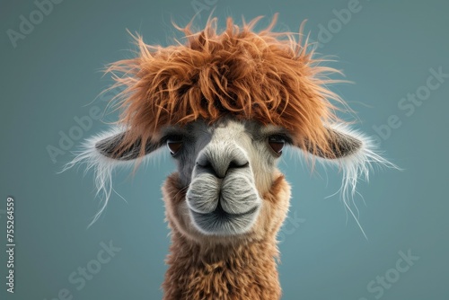 Colorful photograph of an isolated Alpaca with wild, messy, funny hair. 