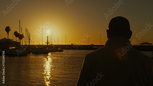 Silhouette of a person gazing at a sunset over a marina with sailboats and palm trees reflecting golden hues on the water
