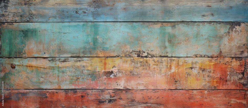 This abstract painting features a multicolored wooden surface with a mix of blue, orange, and brown hues. The old faded paint texture adds depth and character to the composition.