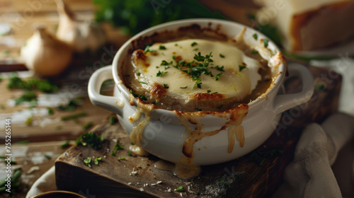 Bowl of french onion soup topped with toasted bread, melted cheese and green garnishing.