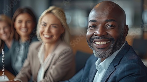 diverse business colleagues gather in boardroom brainstorm discuss financial statistics together wide shot long shot depth of field focuses on the genuine smile 
