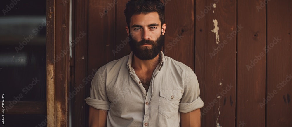 A young bearded man with hands in his pockets leaning against a wooden wall and looking directly at the camera. A young bearded man with hands in his pockets leaning against a wooden wall and looking directly at the camera.