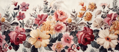 A close-up detail shot of a white background covered with a variety of colorful flowers in an embroidered print. The flowers are intricately designed and showcase a mix of petals, stems, and leaves.
