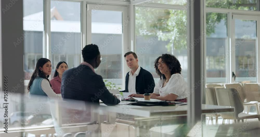 Meeting, planning and teamwork with group of business people in boardroom of office together. Collaboration, company management and workshop with corporate employee team in workplace for discussion
