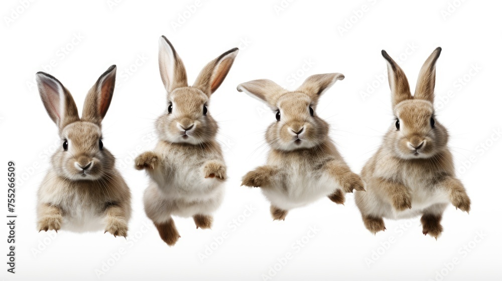 Four adorable brown rabbits with perky ears hopping on white background