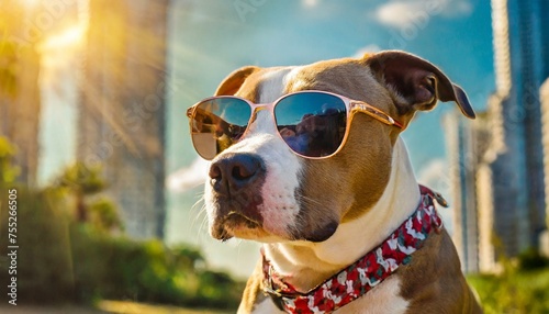 Portrait of a dog wearing sunglasses