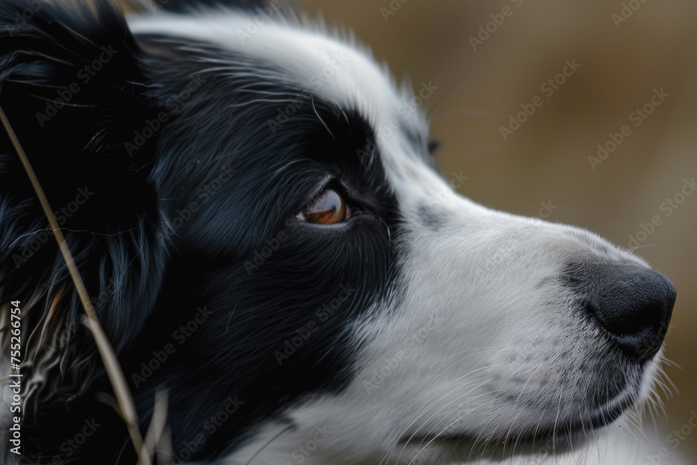 Sideview portrait of a black and white border collie.