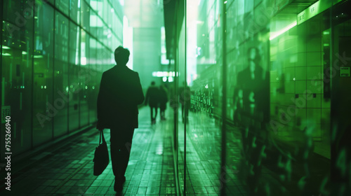 The silhouette of a businessman is captured walking through a futuristic green-tinted corporate hallway, illustrating a dynamic business environment.