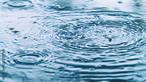 Closeup of water surface with ripples and a droplet impacting it capturing the dynamic moment with a calm blue tone