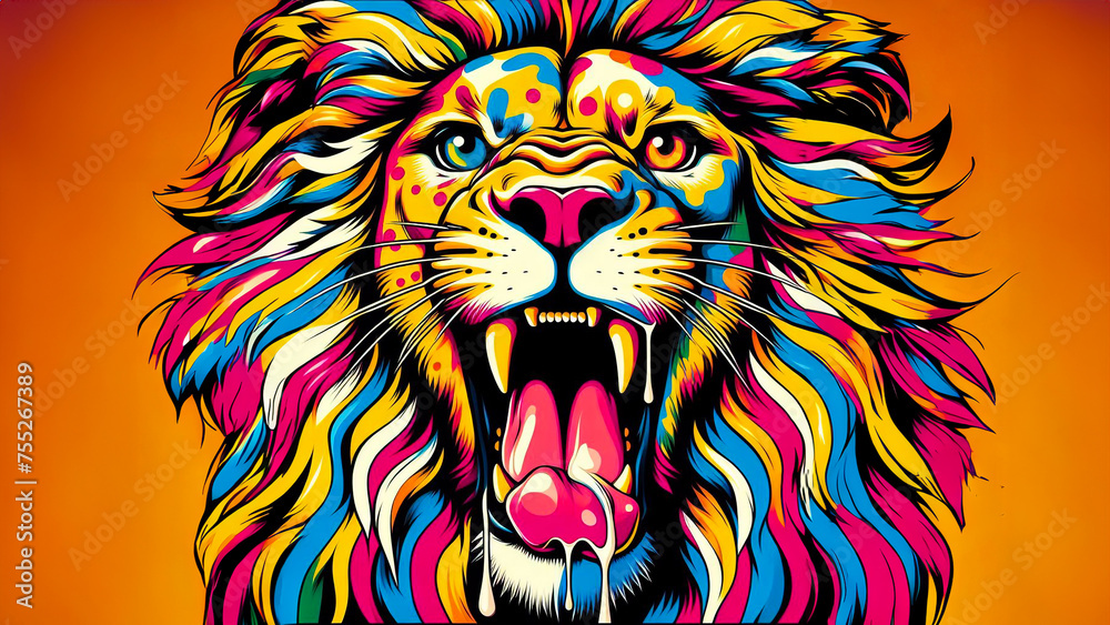 Majestic Mane: Pop Art Lion Illustration in Vibrant Tones Against a Lively Orange Backdrop