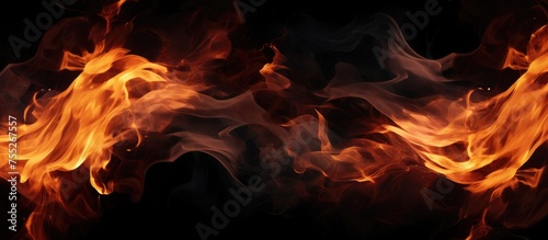 A close-up view of fierce fire flames dancing and flickering against a pitch-black background, creating a striking contrast of light and shadow.