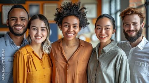 group of successful multiethnic diverse entrepreneurs and business people achieving goals together  wide shot long shot depth of field focuses on the genuine smile 