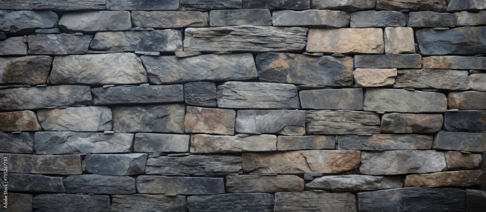 A stone wall constructed from various sized rocks, creating a textured background. The rocks are unevenly stacked to form a sturdy barrier.