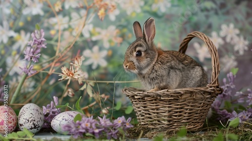 Small ,baby rabbit in easter basket with fluffy fur and easter eggs