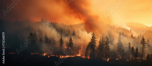 The forest is ablaze, with flames raging high and thick smoke billowing into the sky. Trees are engulfed in fire, creating a chaotic and destructive scene.