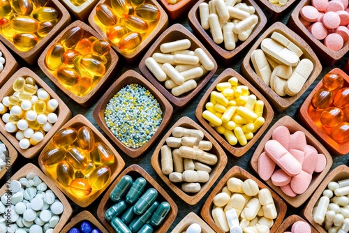 A close-up view of various dietary supplements and vitamins in capsule and tablet forms. © Margo_Alexa