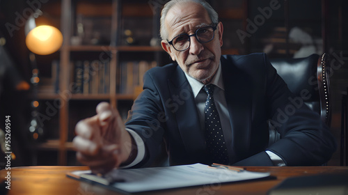 Old businessman gives hand for shaking hands in a business deal while sitting in luxury office.