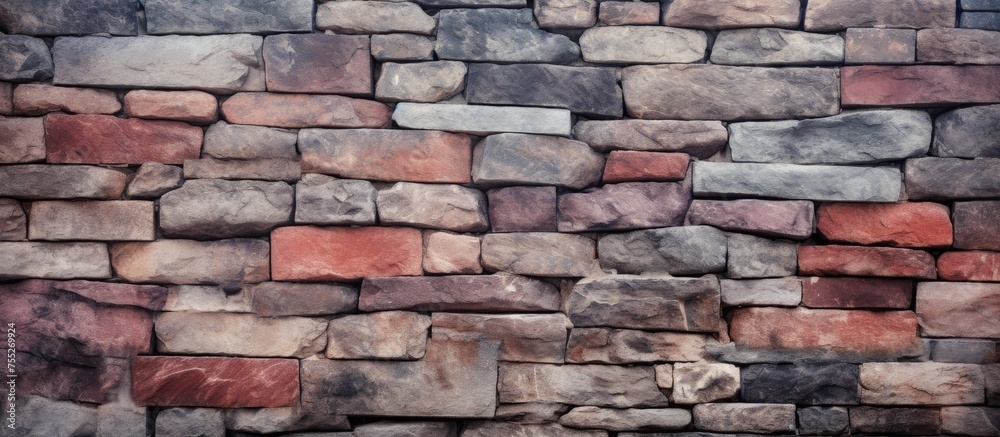 A stone wall with a distinctive red and gray brick pattern, adding a bold urban and grunge texture to the scene. The red tones vary, creating a visually striking and textured backdrop.