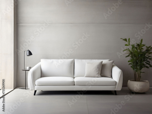 White sofa against concrete paneling wall. Minimalist, loft urban home interior design of modern living room. A white couch sitting in front of a concrete wall with a potted plant next to it.