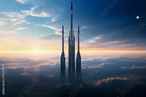 A colossal space station hovers ominously in the sky its towering spires casting shadows across the landscape below mysterious symmetrical twilight hour dark photo