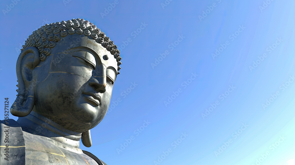 Closeup of a Buddha statue head against a clear blue sky symbolizing peace spirituality and enlightenment