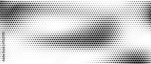 Hexagon halftone gradient texture. Abstract black and white spotted background. Geometric retro tech wallpaper. Fading wavy hexagonal pattern backdrop. Vector vanishing honeycomb grunge overlay