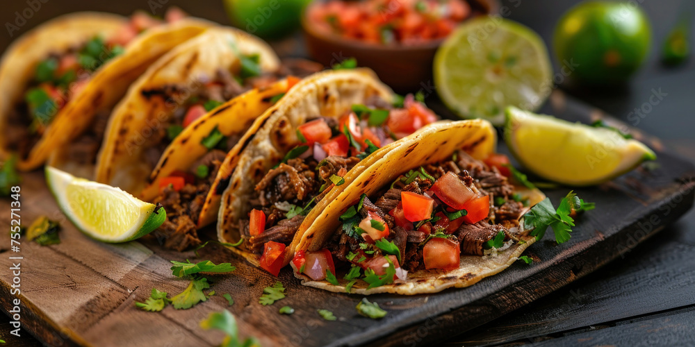 Freshly made tacos on a rustic wooden cutting board with a variety of meat, vegetables, and lime wedges Freshly made tacos on a rustic wooden cutting board with a variety of meat, vegetables, and lime wedges