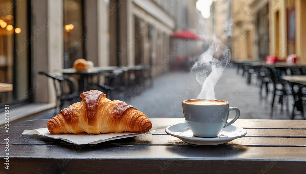 a cafe table at the street side in europe with a cup of coffee which has a bit of steam a cafe table at the street side in europe with a cup of coffee which has a bit of steam