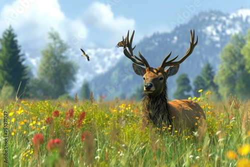 A majestic buck deer in a meadow .