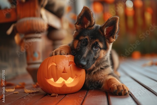Puppy with a Halloween pumpkin .