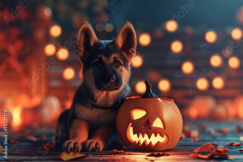  Shepherd puppy with a  Halloween pumpkin . photo