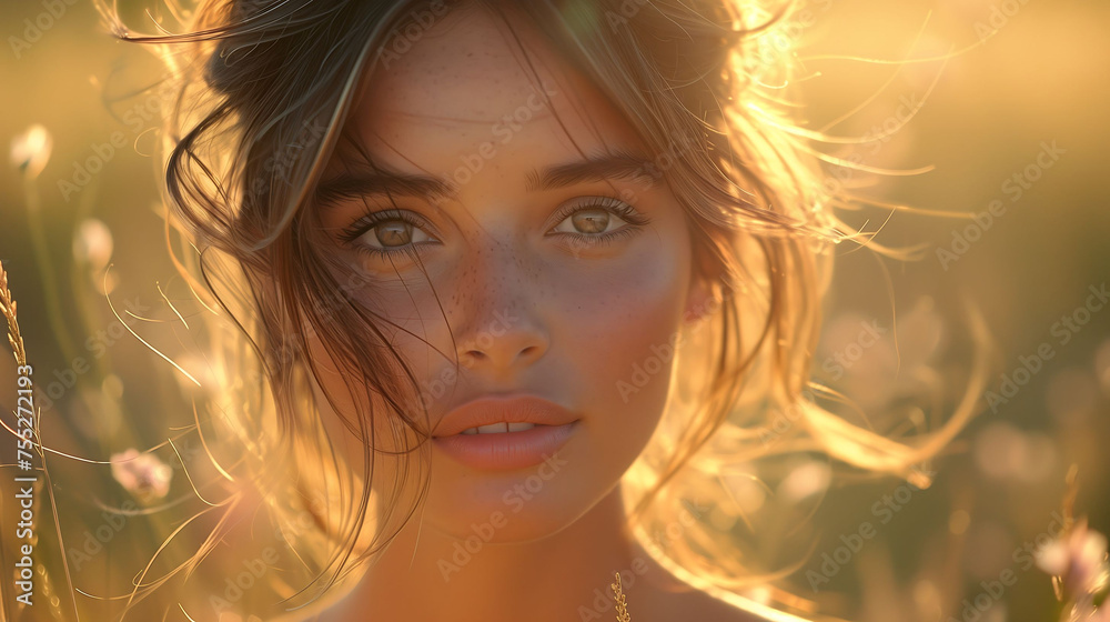Ethereal Beauty: Woman Bathed in Golden Sunlight Amidst Nature