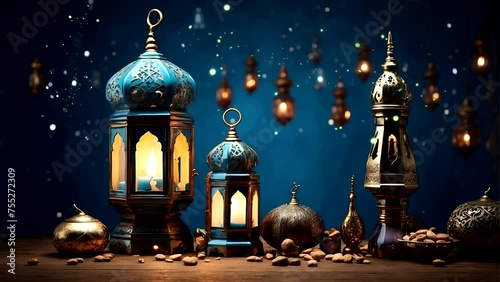A lentara on a table decorated with Islamic decorations Seamless looping 4k time-lapse animation video background
 photo