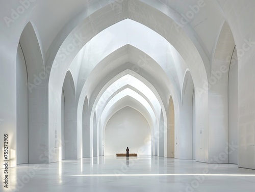 Cathedral with minimalist white marble interior arches creating a path of light