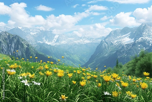  Yellow flowers and green grass with Alp Mountains on the background .