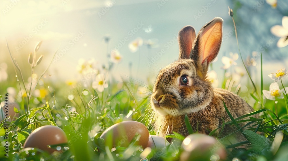 Fototapeta premium Happy easter bunny in easter meadow with eggs