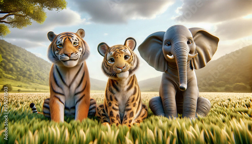 Close-up of a group of 3d, cute animals looking straight at the camera with smiling expressions. Realistic safari, zoo wildlife background. Nature image. Ultra wide angle lens Funny animal. 