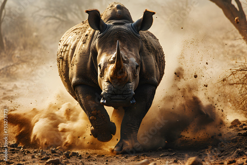 A Rhino Running in the Desert. Running Rhinoceros in the Savannah © Resdika
