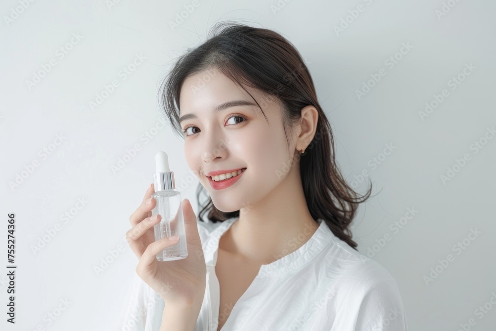 Beautiful young asian woman with clean fresh skin on bright background. Generative AI. Beautiful young asian woman with clean fresh skin on bright background. Generative AI.