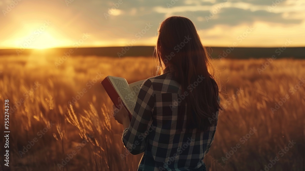Back view of caucasian girl reading a book at meadow during sunset. Generative AI. - obrazy, fototapety, plakaty 