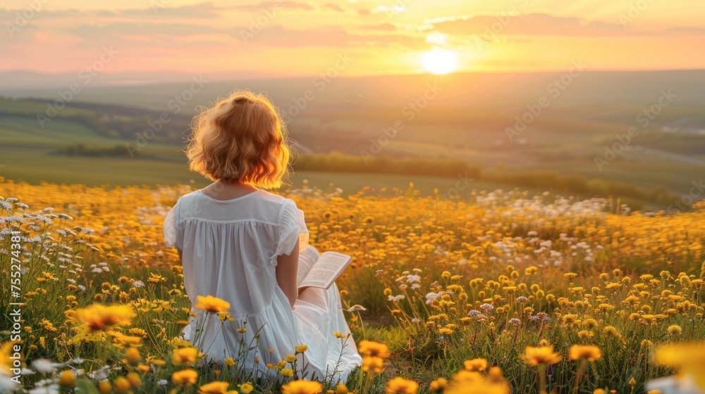 Back view of caucasian girl reading a book at meadow during sunset. Generative AI. Back view of caucasian girl reading a book at meadow during sunset. Generative AI.